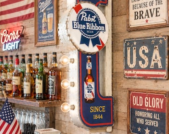 Letrero luminoso LED de doble cara de metal para cerveza Pabst Blue Ribbon, ideal para garaje, patio, bar, sala de juegos, cueva de hombre o como regalo.