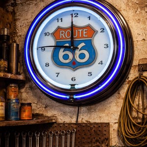 Route 66 USA, America, Garage, Neon Wall Clock 16” with Double Neon, Oil, Garage, Decor, Man Cave, Games Room Bar, Diner, Patio, Classic,