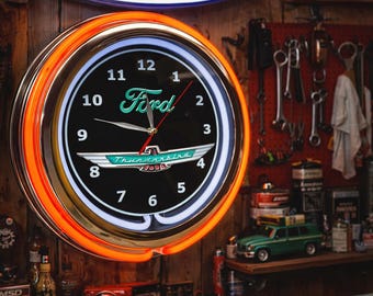 Ford Thunderbird Neon Wall Clock 16” with Double Neon, Garage Decor Games Room, Bar, Diner, Patio Classic Car, Gift