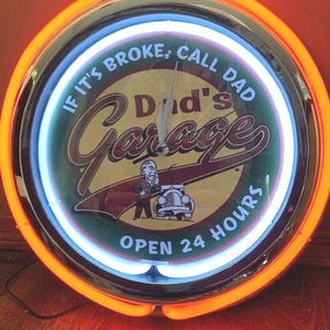 Dad&#39;s Garage, vintage style, Garage , 16&quot; Double Neon clock, games room, bar, dinner, patio, gift,  real glass neon
