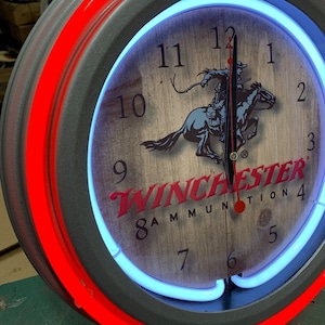 Winchester firearms, vintage style, Garage , 16&quot; Double Neon clock, games room, bar, dinner, patio, gift, real glass neon