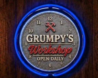 Grump's Workshop, Neon Wall Clock 16” with Double Neon, Oil, Garage, Decor, Man Cave, Games Room Bar, Diner, Patio, Classic, Gift