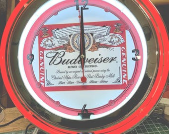 Budweiser Beer, vintage style, Garage , 16&quot; Double Neon clock, games room, bar, dinner, patio, gift,  real glass neon