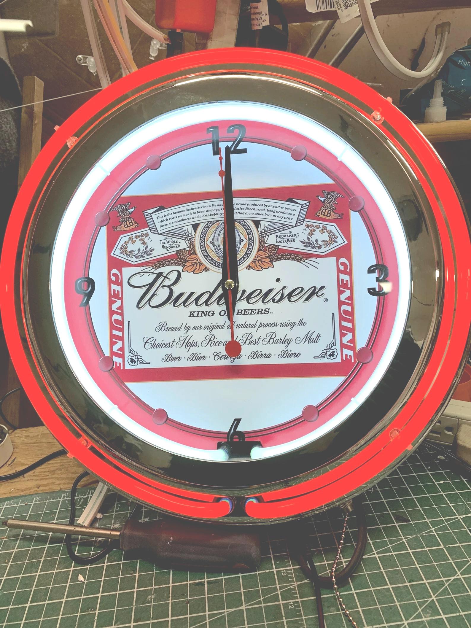 Budweiser Beer, Neon Wall Clock 16” With Double Neon, Oil, Garage