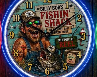 Fishing Shack Redneck, (add your name) Neon Wall Clock 16” with Double Neon, Oil, Garage, Man Cave, Games Room Bar, Diner, Patio, Gift