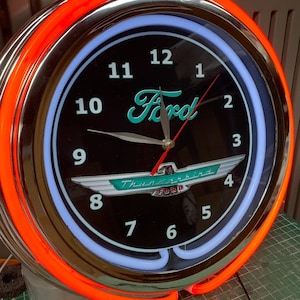 Ford Thunderbird, vintage style, Garage, 16 &quot;, Doppel-Neonuhr, Spielzimmer, Bar, Abendessen, Terrasse, Geschenk, Echtglas-Neon