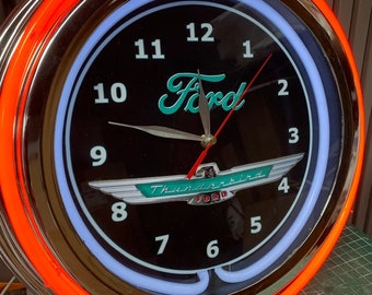 Ford Thunderbird, estilo vintage, garaje, reloj de neón doble de 16&quot;, sala de juegos, bar, cena, patio, regalo, neón de vidrio real