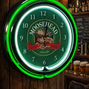 Moosehead Beer, Neon Wall Clock 16” with Double Neon, Oil, Garage, Decor, Man Cave, Games Room Bar, Diner, Patio, Classic, Gift
