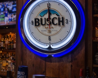 Busch beer, Neon Wall Clock 16” with Double Neon, Oil, Garage, Decor, Man Cave, Games Room Bar, Diner, Patio, Classic, Gift