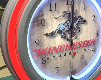 Winchester firearms, vintage style, Garage , 16&quot; Double Neon clock, games room, bar, dinner, patio, gift, real glass neon