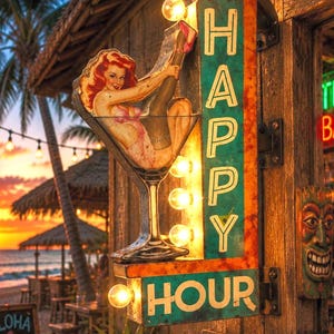 Puede incluir: Un letrero metálico vertical con el texto HAPPY HOUR en letras blancas sobre un fondo verde azulado. El letrero presenta una ilustración tridimensional de una persona pelirroja sentada en una copa de martini, iluminada por varias bombillas.