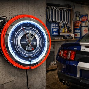 Ford Shelby GT 500, Neon Wall Clock 16” with Double Neon, Oil, Garage, Decor, Man Cave, Games Room Bar, Diner, Patio, Classic, Gift