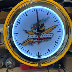 Ski-doo, snowmobile, winter sports, vintage style, Garage , 16&quot; Double Neon clock, games room, bar, gift,  real glass neon