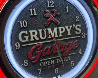 Grump's Garage Neon Wall Clock 16” with Double Neon, Oil, Garage, Decor, Man Cave, Games Room Bar, Diner, Patio, Classic, Gift