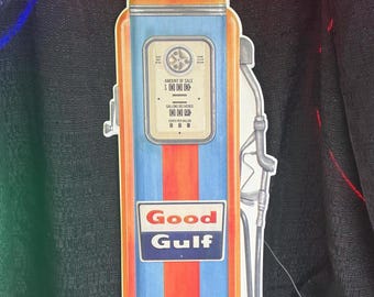 Gulf oil gas pump 4 feet tall with a Neon dome,  Garage , metal sign. Comes with Neon  you pick color of the Neon, garage, bar.
