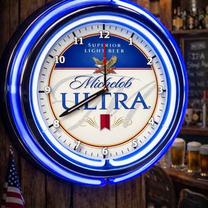 Michelob Ultra Beer, Neon Wall Clock 16” with Double Neon, Oil, Garage, Decor, Man Cave, Games Room Bar, Diner, Patio, Classic, Gift