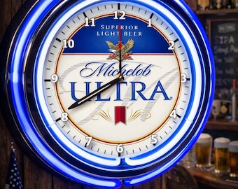 Michelob Ultra Beer, Neon Wall Clock 16” with Double Neon, Oil, Garage, Decor, Man Cave, Games Room Bar, Diner, Patio, Classic, Gift