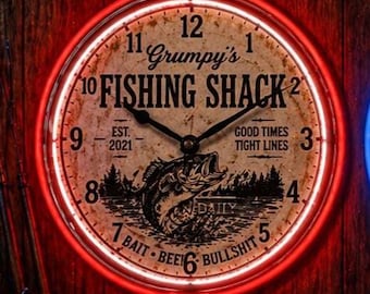 Fishing Shack classic, (add your name) Neon Wall Clock 16” with Double Neon, Oil, Garage, Man Cave, Games Room Bar, Diner, Patio, Gift