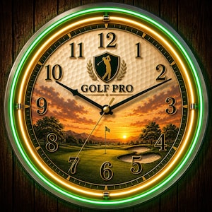 May include: Circular wall clock depicting a golf course at sunset. The clock face shows a golfer silhouette and the words "GOLF PRO". It has a green and gold neon-style border and black hands.