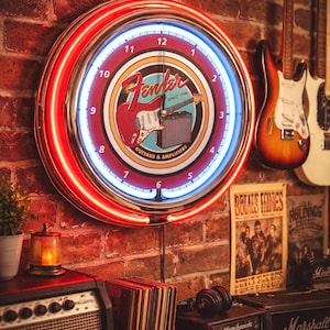 Fender guitar 16” double neon wall clock for music rooms, garages, games rooms, diner, patio décor. A bold gift for guitar and music lovers.