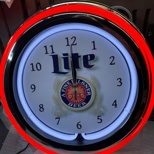Miller Lite Beer, vintage style, Garage , 16&quot; Double Neon clock, games room, bar, dinner, patio, gift,  real glass neon