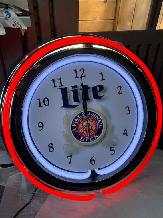 Miller Lite Beer, Neon Wall Clock 16” With Double Neon, Oil