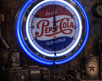 Pepsi, Neon Wall Clock 16” with Double Neon, Garage, Games Room, Bar, Diner, Patio Classic Car, Gift