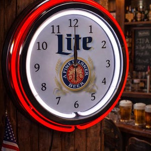 Miller Lite Beer, Neon Wall Clock 16” with Double Neon, Oil, Garage, Decor, Man Cave, Games Room Bar, Diner, Patio, Classic, Gift