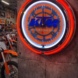 KTM motorcycle, Neon Wall Clock 16” with Double Neon, Oil, Garage, Decor, Man Cave, Games Room Bar, Diner, Patio, Classic, Gift