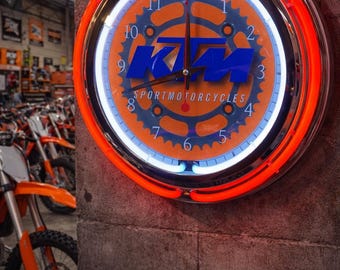 KTM-motorfiets, neon-wandklok 16" met dubbel neon, olie, garage, decor, man Cave, speelkamerbar, diner, terras, klassiek, cadeau