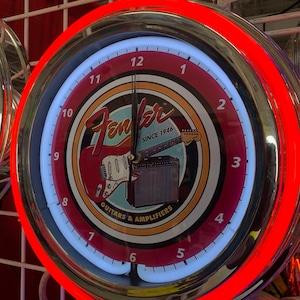 Fender Guitar, Music room, vintage style, Garage , 16&quot; Double Neon clock, games room, bar, patio, gift,  real glass neon