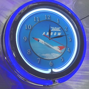 Avro Arrow Jet RCAF,  vintage style, Garage , 16&quot; Double Neon clock, games room, bar, dinner, patio, gift,  real glass neon