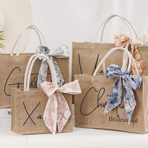 Personalized Bridesmaid Burlap Tote Bags, Jute Monogram Beach Tote Bags, Bridesmaid Gift Bag With Name Scarf, Bachelorette Party Gift Bags