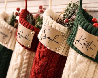 Calze personalizzate con toppa per la famiglia: calza di Natale lavorata a maglia con toppa in pelle