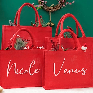 Sac cadeau de Noël en toile de jute rouge, sac pour fête de Noël, sac en toile de jute de Noël, sac cadeau des fêtes, sac cadeau rouge, sac cadeau en toile de jute avec nom