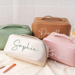 Leather Embroidered Makeup Bag,Large Makeup Bag,Bridesmaid Leather Makeup Bag,Bridal Party Gifts Bag,Custom Makeup Organizer,Christmas Gift