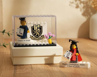 Mini statuetta personalizzata per la classe del 2026, ricordo della laurea, con espositore, logo scolastico personalizzato, foto e nome.