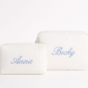 Custom Initial Waffle Cosmetic Bag | Personalized Travel Toiletry Pouch | Embroidered Name Makeup Bag | Gift for Her