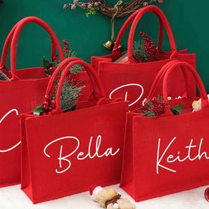 Borsa per feste di Natale personalizzata, borsa regalo di Natale in juta rossa, borsa di Natale in juta, borsa regalo per le feste, borsa regalo rossa, borsa regalo in juta con nome