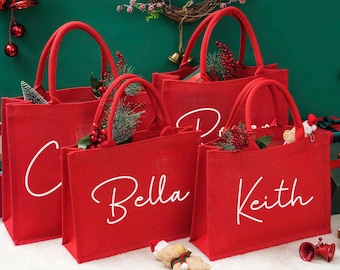 Custom Christmas Party Bag, Red Burlap Christmas Gift Bag, Christmas Burlap Bag, Holiday Gift Bag, Red Gift Bag, Burlap Gift Bag with Name
