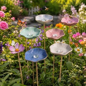 May include: A collection of flower-shaped bird baths in various pastel colors, including blue, pink, and green, with a clear glass bead in the center of each. The bird baths are on wooden stakes, set in a garden with flowers and butterflies.