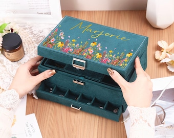 Personalized Jewelry Storage Organizer, Custom Velvet Jewelry Box With Drawer, Women Large Jewelry Organizers