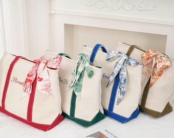 Custom Canvas Beach Tote Bag, Personalized Tote Bag, Bridesmaid Gift Tote With Initial Scarf, Embroidery Tote With Name, Bachelorette Party
