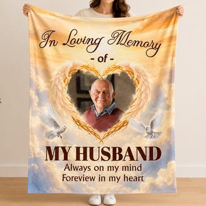 Gepersonaliseerde herdenkingsdeken, fotoherdenkingsgeschenk, aandenken ter nagedachtenis, herdenking voor echtgenoot, troostgeschenk bij verlies van een dierbare. Familieherdenking