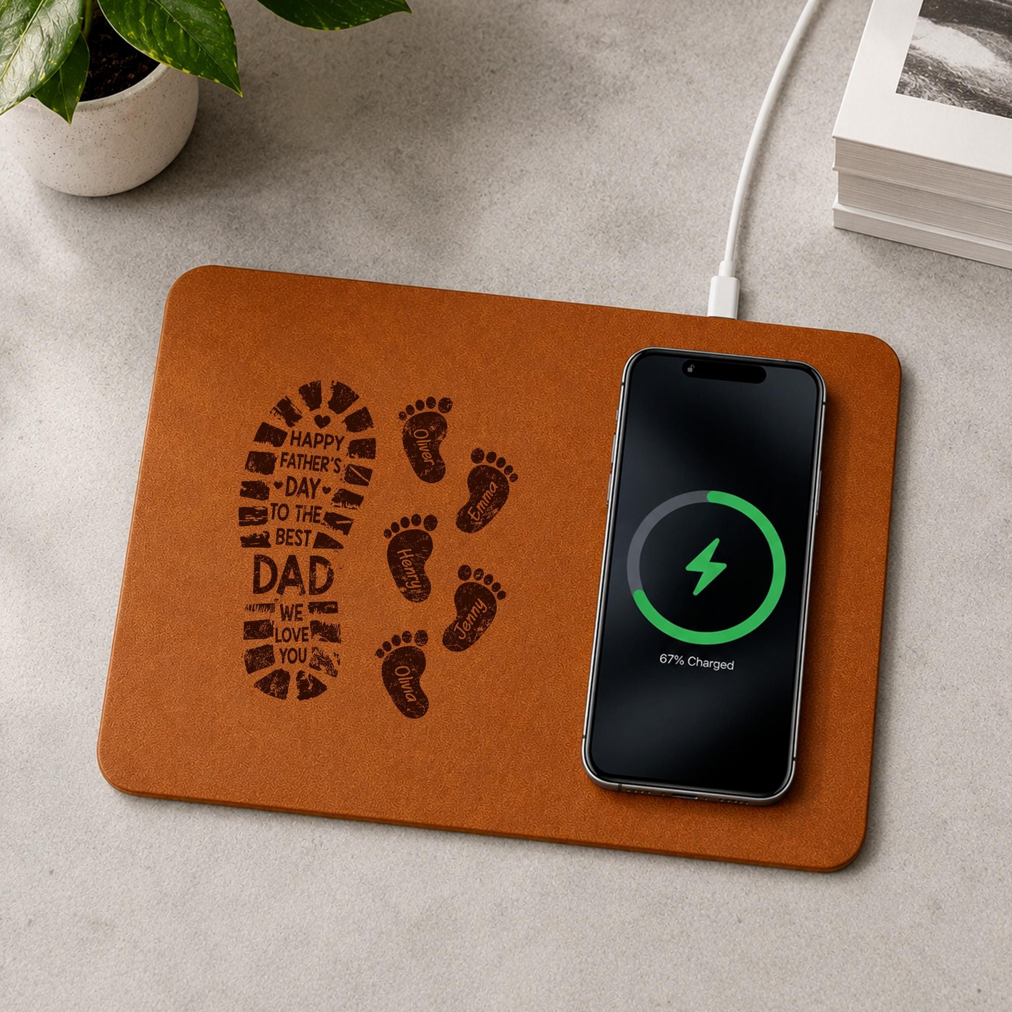 Personalized Father's Day Gift from Kids, Leather Charging Mat For Dad, Footprint Wireless Charger Pad, Unique Fathers Day Gift For Daddy