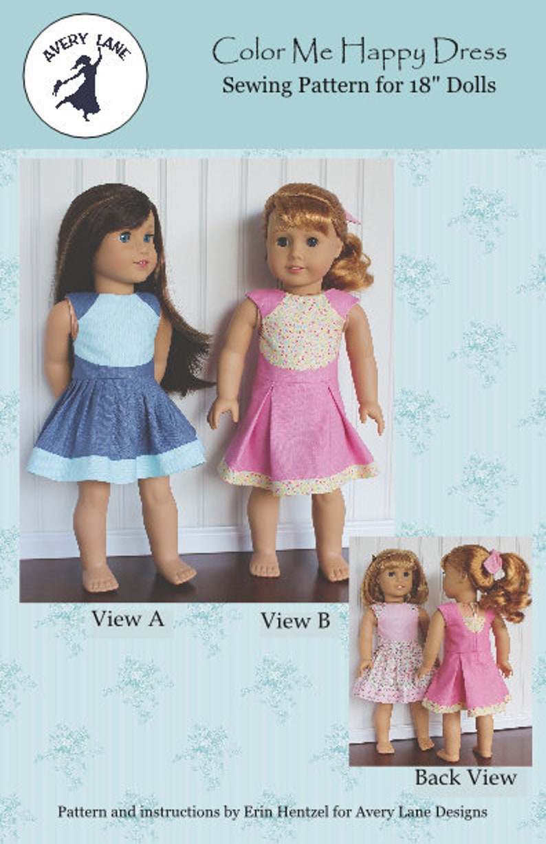 New 18 Doll clothes pattern Color Me Happy Doll Dress sewing Pattern Avery Lane Designs 18 inch size doll PDF image 1