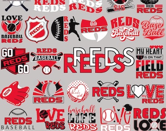Puede incluir: Una colección de diseños gráficos digitales con la palabra Reds, imágenes de béisbol, bates, guantes y corazones en rojo, negro y blanco. Los diseños incluyen varios estilos tipográficos, emblemas deportivos y frases como This Girl Loves Her Reds.