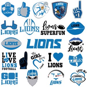 May include: A collection of blue and white graphic designs featuring the word LIONS, football imagery, foam fingers, hearts, lips, and sports-themed slogans. The graphics include various logos, text-based designs, and illustrations in a consistent colour palette.