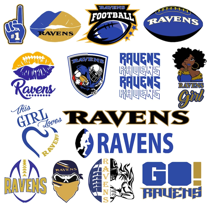 May include: A collection of Baltimore Ravens themed graphic stickers featuring footballs, helmets, lips, a stylized character, and text including Ravens, This Girl Loves Ravens, and Go! Ravens in blue, gold, black, and white color schemes.
