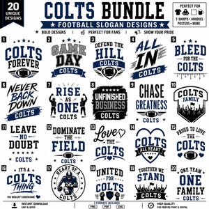 Puede incluir: Una colección digital de 20 diseños de eslóganes de fútbol americano con la palabra Colts en texto azul y negro. El conjunto gráfico incluye varios estilos de tipografía, iconos de balones y siluetas de jugadores y aficionados.